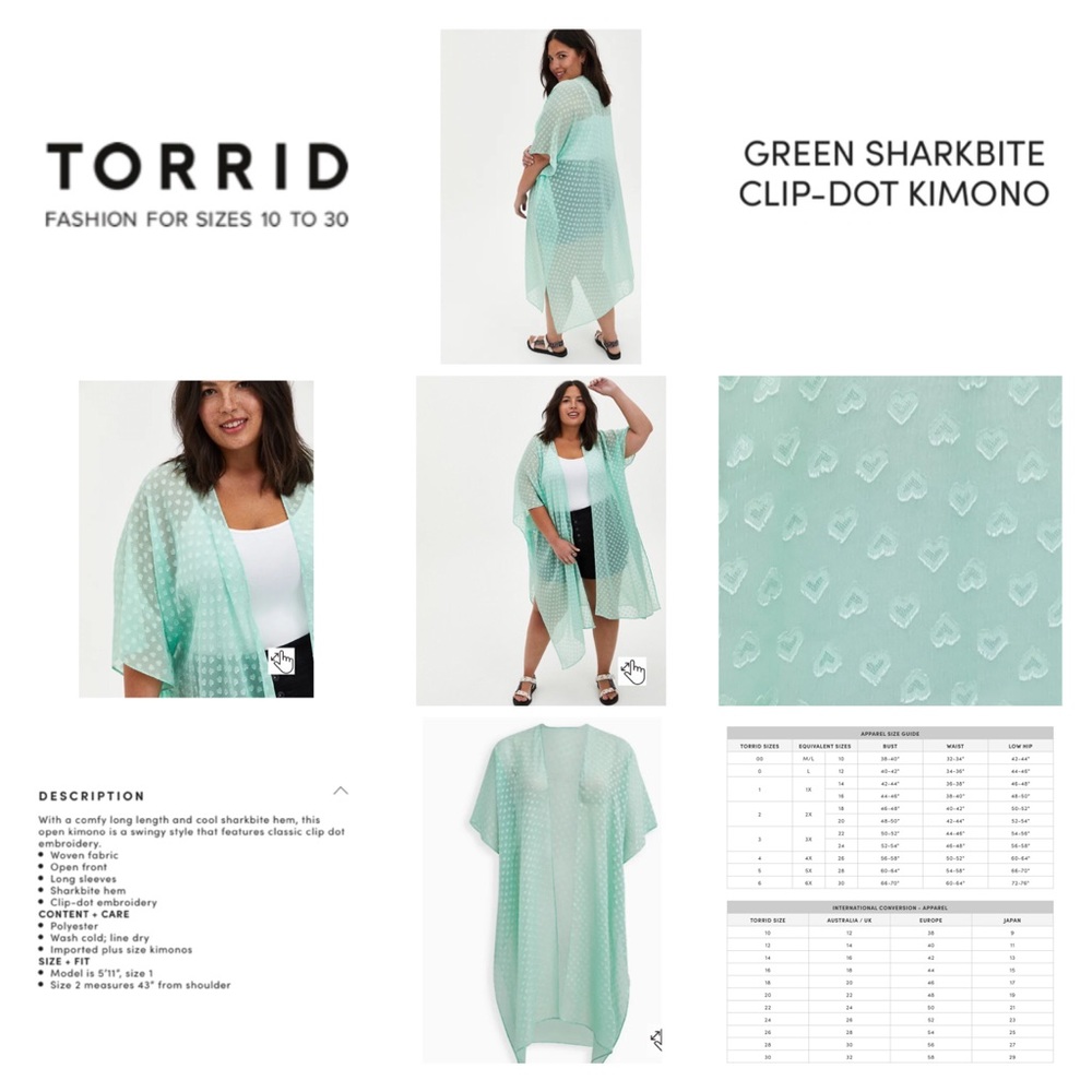 Torrid 1 plus size green sharkbite clip-dot kimono NWT